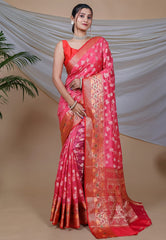 Fashionable Organza Weaving Pink Color Saree