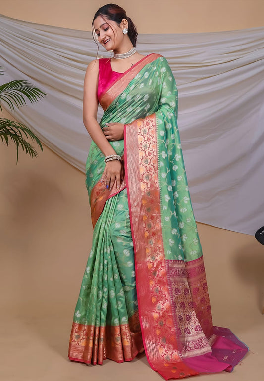 Fashionable Organza Weaving Perrot Color Saree