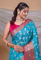 Fashionable Organza Weaving Aqua Blue Color Saree