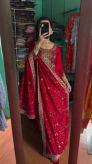 Embellished Chinon Silk Red Color Salwar Suit