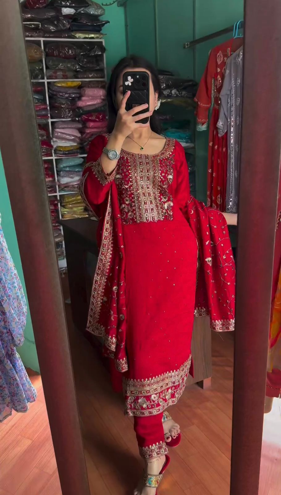 Embellished Chinon Silk Red Color Salwar Suit