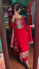 Embellished Chinon Silk Red Color Salwar Suit