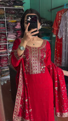 Embellished Chinon Silk Red Color Salwar Suit