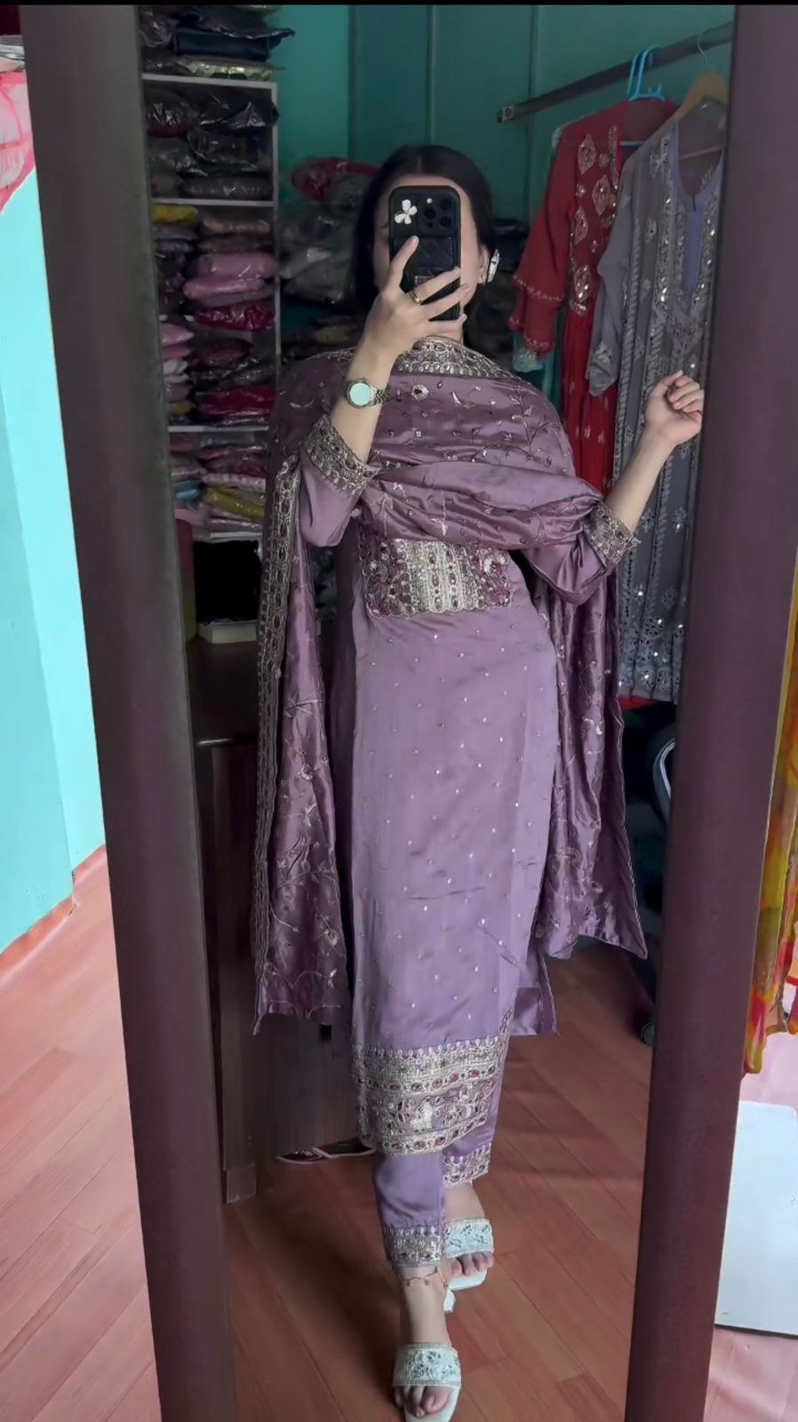 Embellished Chinon Silk Purple Color Salwar Suit