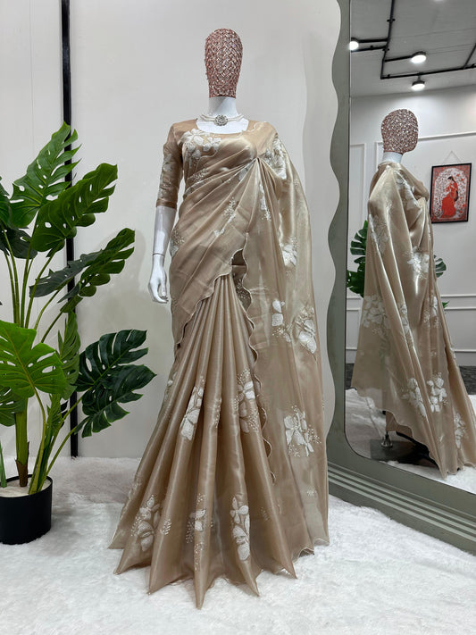 Beautiful Beige Color Organza Silk Saree