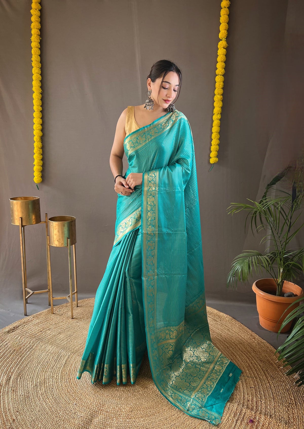 Ceremony Wear Copper Weaving Sky Color Silk Saree