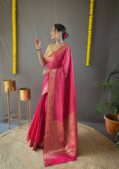 Ceremony Wear Copper Weaving Pink Color Silk Saree