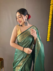 Ceremony Wear Copper Weaving Green Color Silk Saree