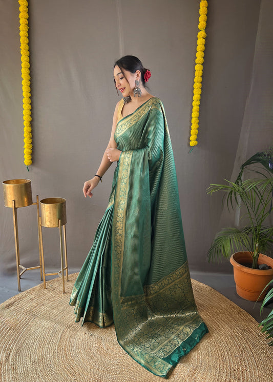 Ceremony Wear Copper Weaving Green Color Silk Saree