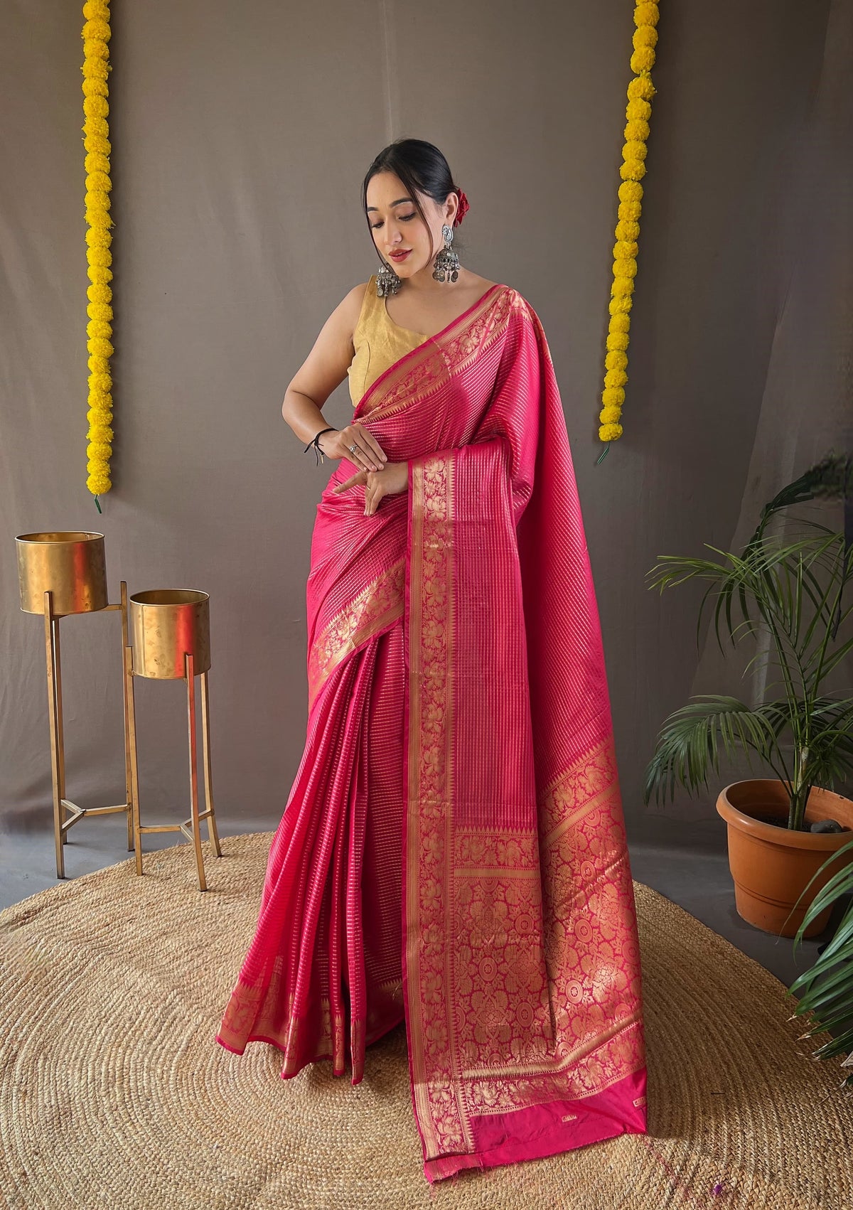 Ceremony Wear Copper Weaving Pink Color Silk Saree