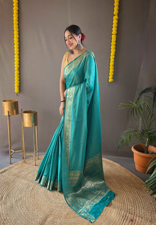 Ceremony Wear Copper Weaving Sky Color Silk Saree