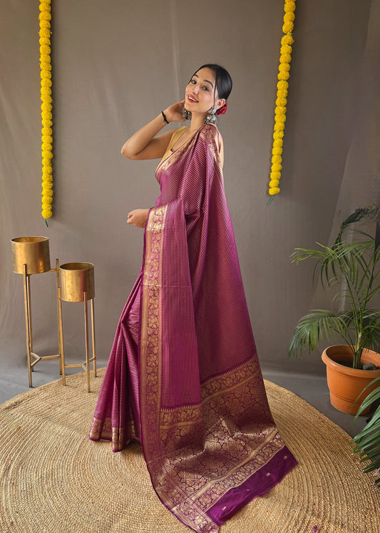 Ceremony Wear Copper Weaving Wine Color Silk Saree