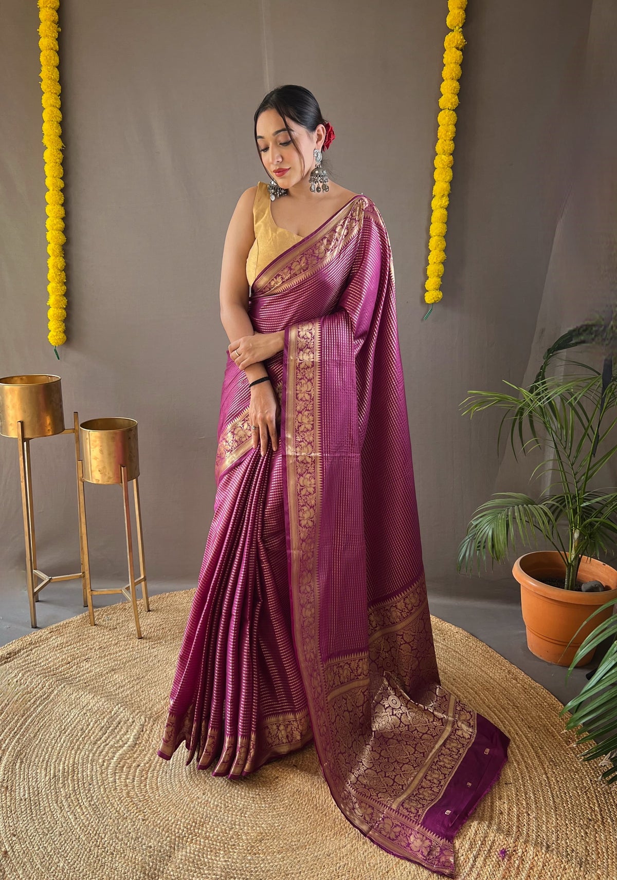 Ceremony Wear Copper Weaving Wine Color Silk Saree