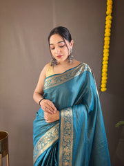 Ceremony Wear Copper Weaving Teal Blue Color Silk Saree