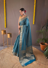 Ceremony Wear Copper Weaving Teal Blue Color Silk Saree