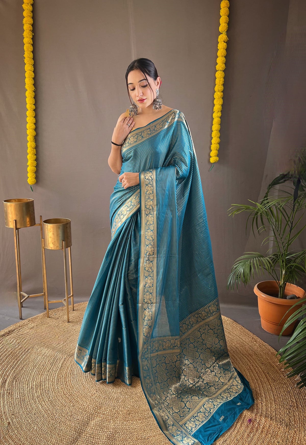 Ceremony Wear Copper Weaving Teal Blue Color Silk Saree