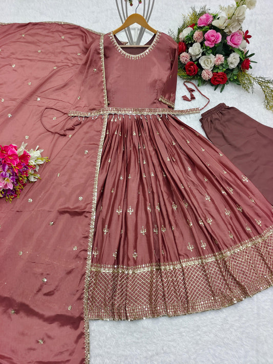 Function Wear Brown Color Embroidery Work Anarkali Gown