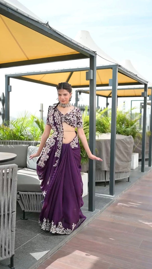 Ceremony Wear Purple Color Sequence Work Saree