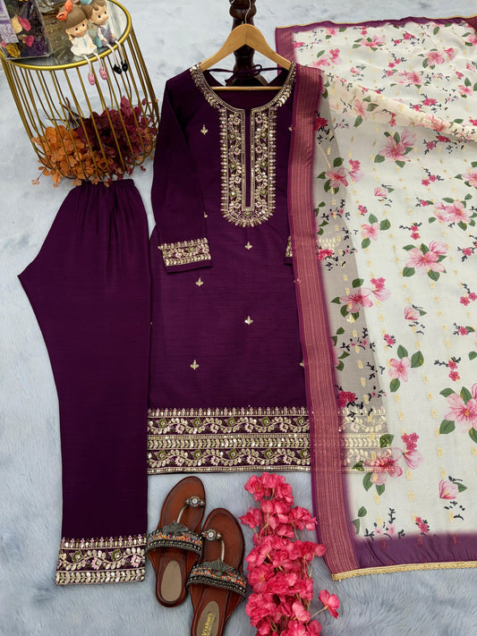 Lovely Purple Color Sequence Work Chinon Silk Salwar Suit