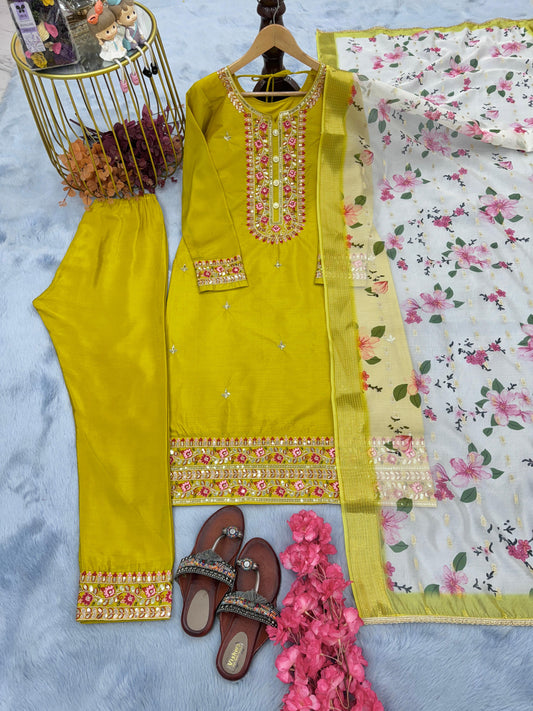 Lovely Yellow Color Sequence Work Chinon Silk Salwar Suit