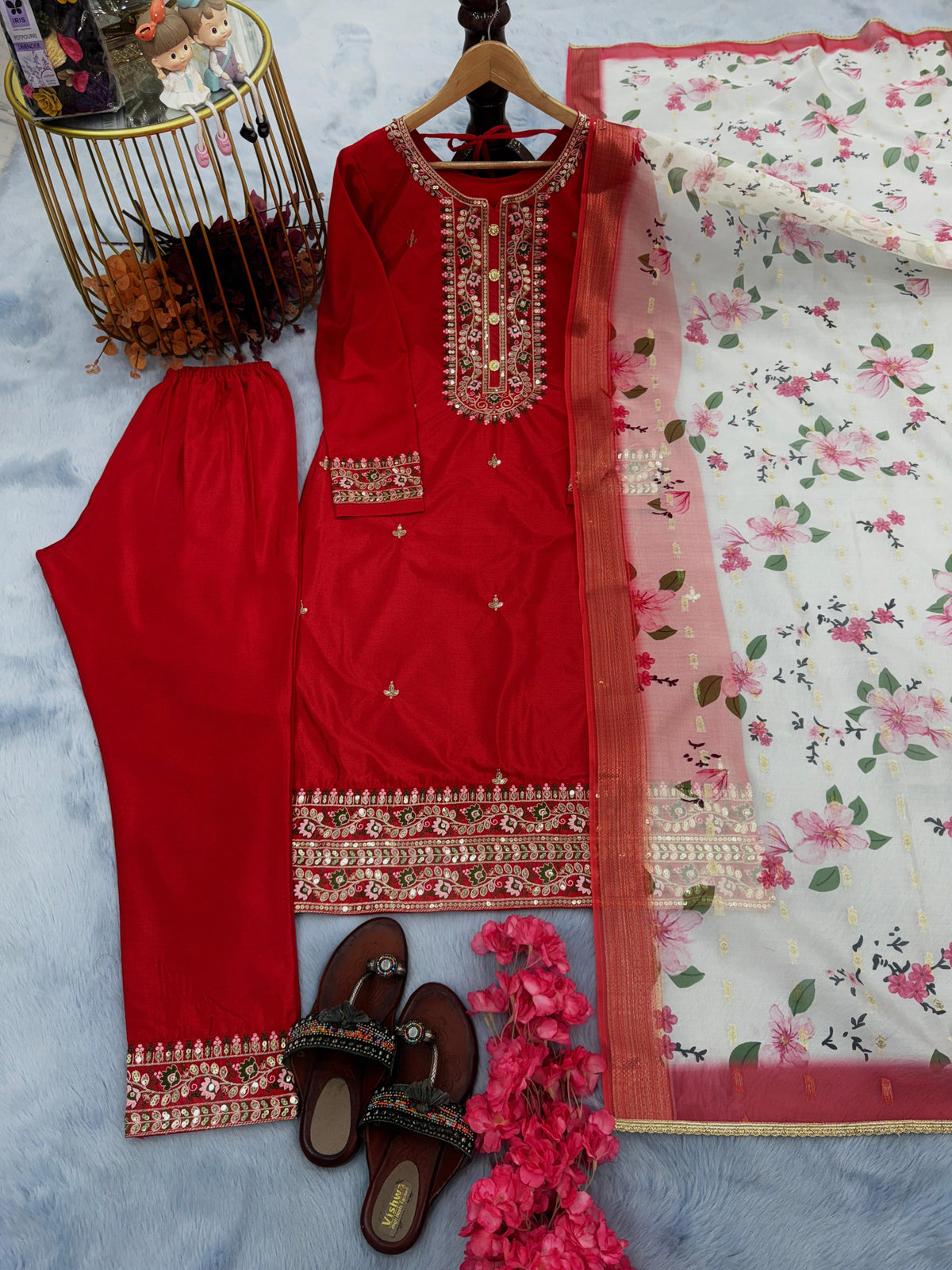 Lovely Red Color Sequence Work Chinon Silk Salwar Suit