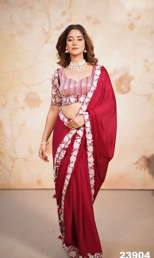 New launching Red Color Satin Saree With Work Blouse