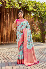 Shining Kanjivaram Soft Silk Sky Color Saree