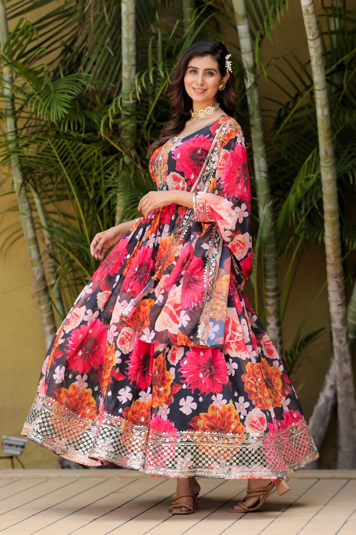 Innovative Flower Print Multi Color Long Anarkali Suit