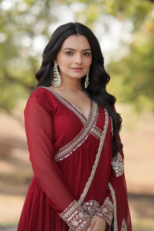 Wonderful Sequence Work Maroon Color Gown With Dupatta