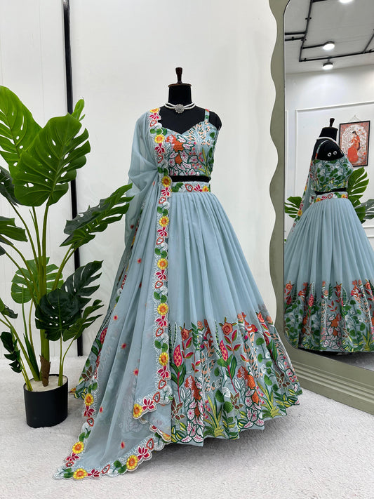 Function Wear Sky Blue Color Multi Thread Work Organza Lehenga Choli