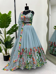 Function Wear Sky Blue Color Multi Thread Work Organza Lehenga Choli