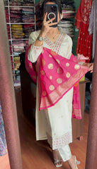 Festive Wear White Salwar Suit With Jacquard Dupatta