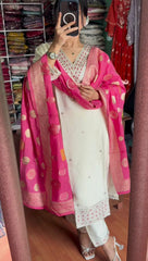 Festive Wear White Salwar Suit With Jacquard Dupatta