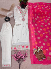 Festive Wear White Salwar Suit With Jacquard Dupatta