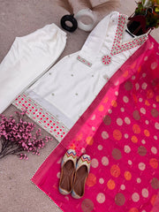 Festive Wear White Salwar Suit With Jacquard Dupatta