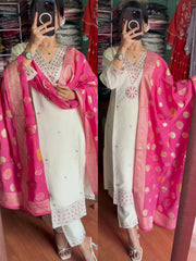 Festive Wear White Salwar Suit With Jacquard Dupatta