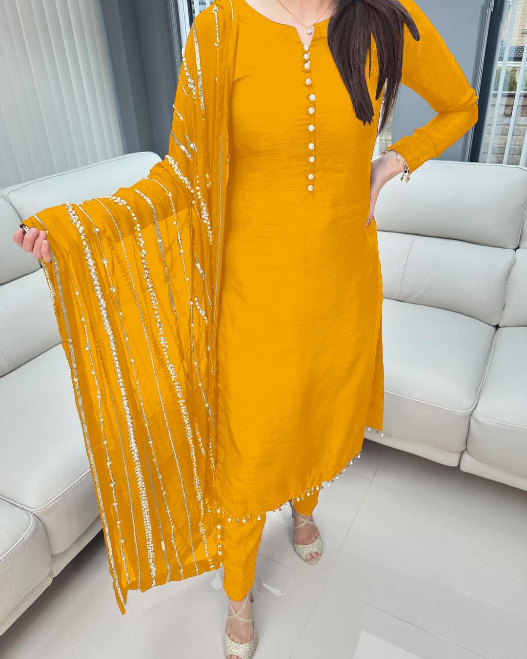 Innovative Yellow Color Designer Kurti Pent With Dupatta