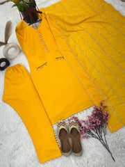 Innovative Yellow Color Designer Kurti Pent With Dupatta