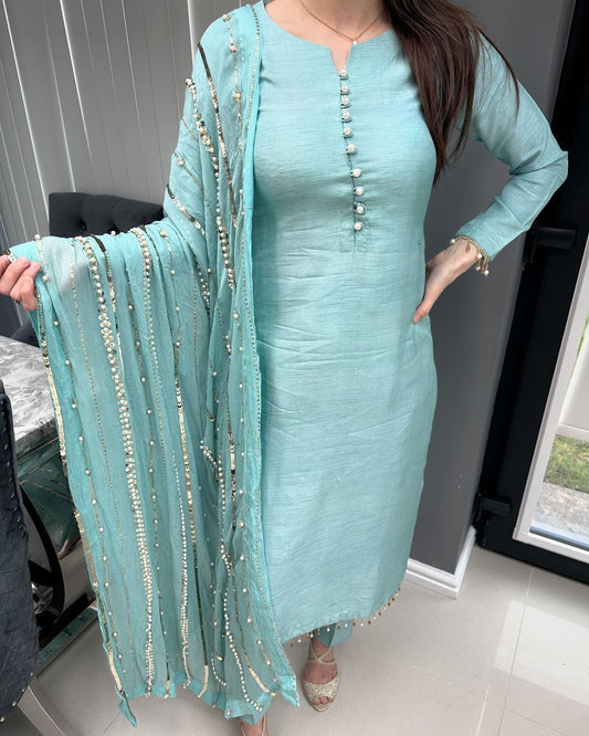 Beautiful Look Aqua Blue Color Designer Kurti Pent With Dupatta