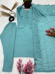 Beautiful Look Aqua Blue Color Designer Kurti Pent With Dupatta