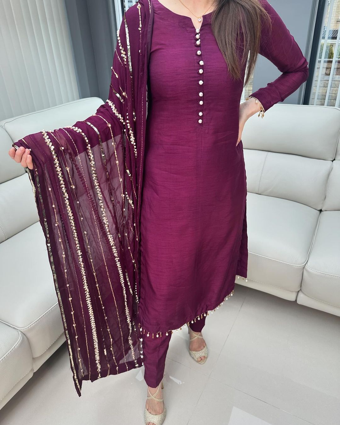 Amazing  Look Wine Color Designer Kurti Pent With Dupatta