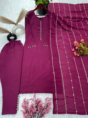 Amazing  Look Wine Color Designer Kurti Pent With Dupatta