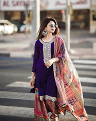 Awesome Purple Color Chinon Silk Sharara Suit