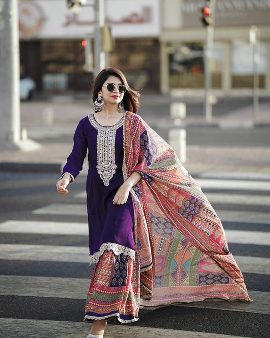 Awesome Purple Color Chinon Silk Sharara Suit