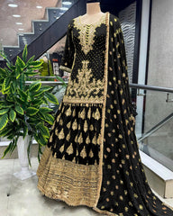 Presenting Embroidery Sequence Work Black Color Top With Lehenga