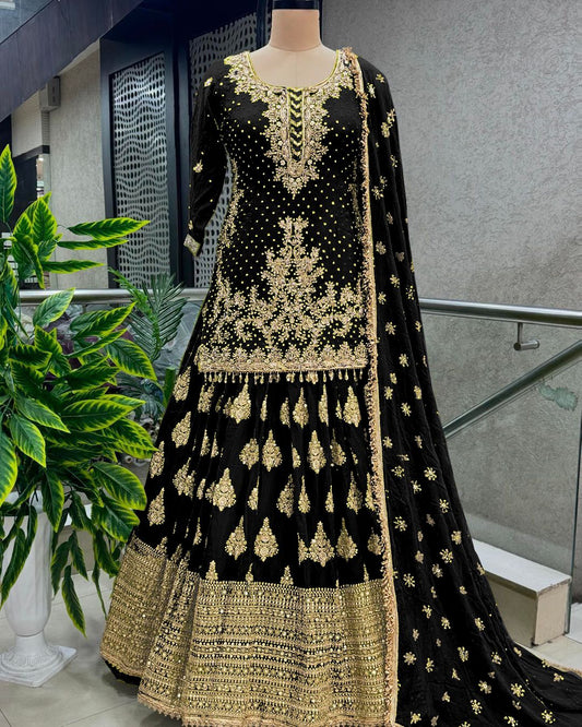 Presenting Embroidery Sequence Work Black Color Top With Lehenga