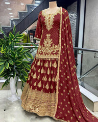 Presenting Embroidery Sequence Work Maroon Color Top With Lehenga