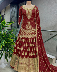 Presenting Embroidery Sequence Work Maroon Color Top With Lehenga