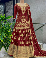 Presenting Embroidery Sequence Work Maroon Color Top With Lehenga