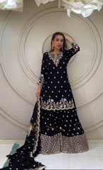 Fashionable Embroidery Sequence Work Black Color Sharara Suit